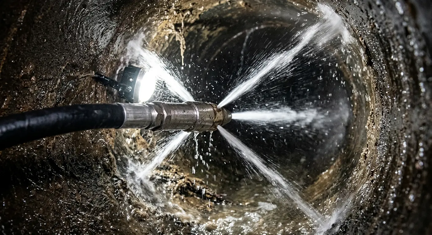 High-pressure hydro jetting nozzle cleaning sewer pipe for Emergency Drain Service in Salem